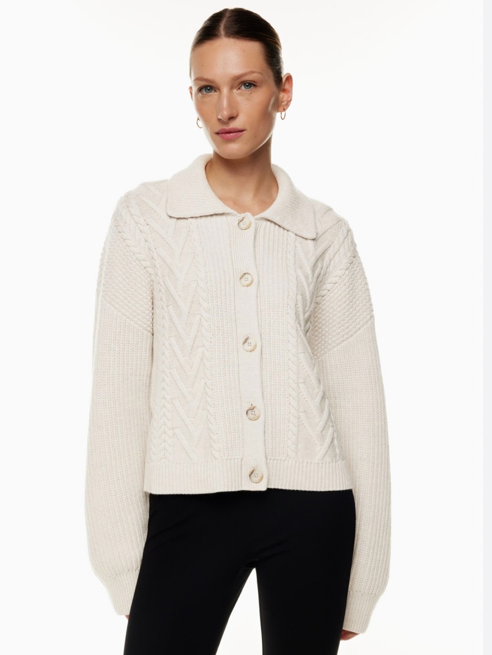 Babaton Neutral Cable Knit Button Cardigan in Light Beige